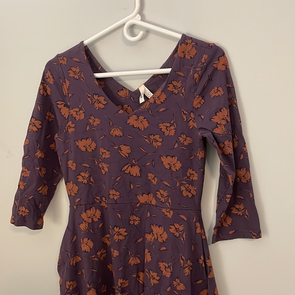 Pact Purple & Orange Cotton Blend 3/4 Sleeve V-Neck Floral Dress Size Medium - Picture 4 of 13